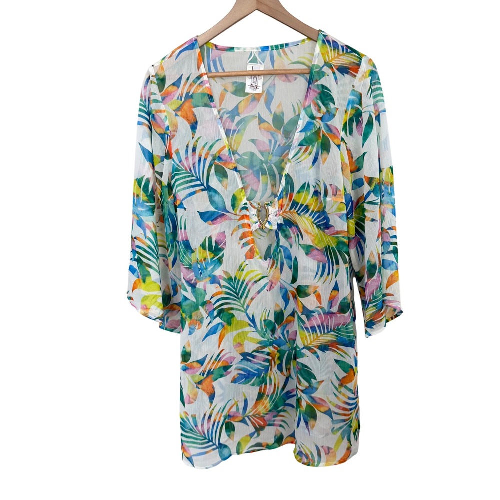 BECA Swim Cover Up M/L Multicolor Tropical Palm Leaf V-Neck Tunic